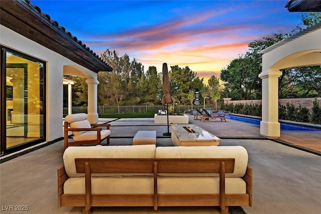 11906 Port Labelle Dr, Las Vegas, NV 89141 - fenced backyard with an outdoor living space with a fire pit and a patio