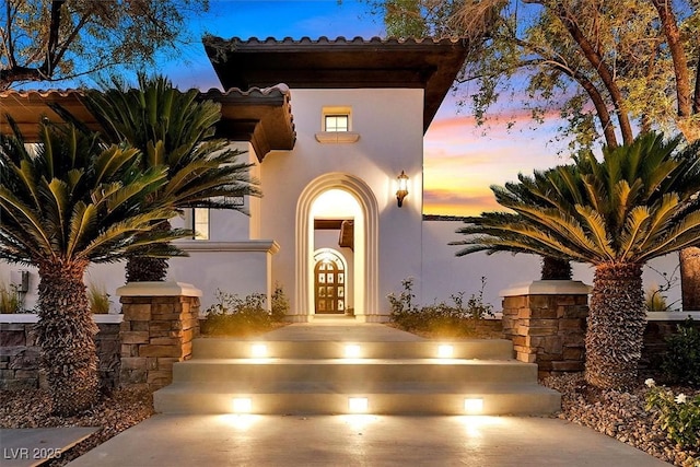 11906 Port Labelle Dr, Las Vegas, NV 89141 - entrance to property with a tile roof and stucco siding
