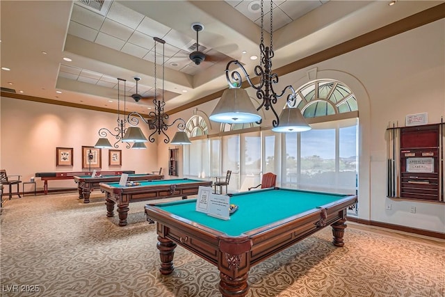 5147 Progresso St, Las Vegas, NV 89135 - rec room with pool table, a raised ceiling, a towering ceiling, carpet flooring, and recessed lighting