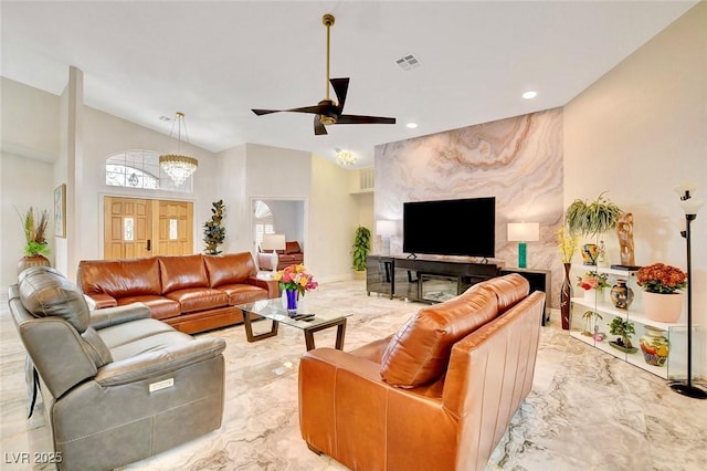 1970 Del Font Ct, Las Vegas, NV 89117 - living area with light marble finish flooring, ceiling fan, a chandelier, lofted ceiling, and recessed lighting