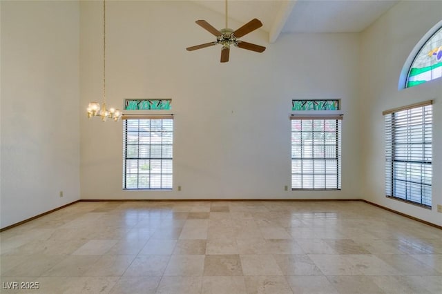 5505 Excelsior Springs Ln, Las Vegas, NV 89130 - spare room featuring high vaulted ceiling, a chandelier, ceiling fan, beamed ceiling, and light tile patterned floors