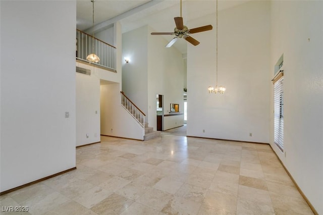 5505 Excelsior Springs Ln, Las Vegas, NV 89130 - unfurnished living room featuring high vaulted ceiling, stairway, a chandelier, and ceiling fan