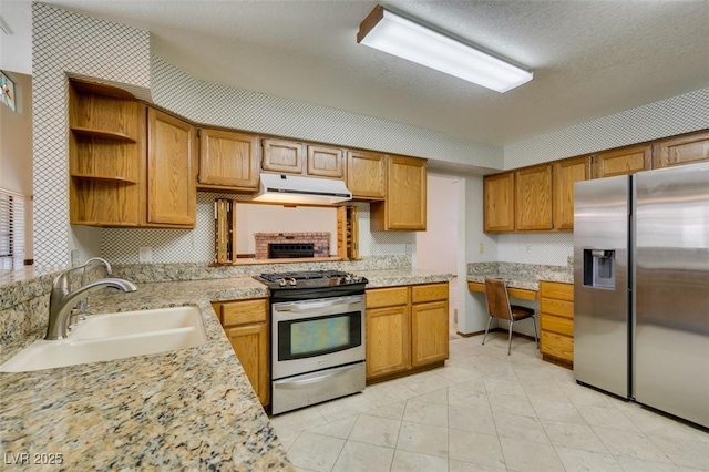 5505 Excelsior Springs Ln, Las Vegas, NV 89130 - kitchen with appliances with stainless steel finishes, under cabinet range hood, brown cabinets, and open shelves
