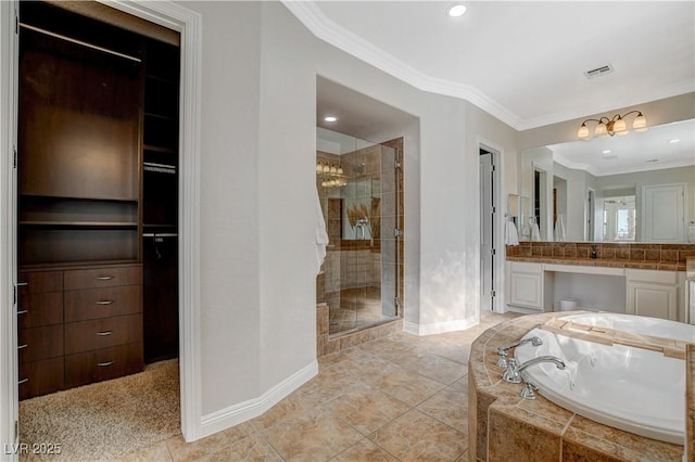 2172 De Rouge Ave, Henderson, NV 89044 - bathroom featuring ornamental molding, a shower stall, a garden tub, vanity, and tile patterned flooring