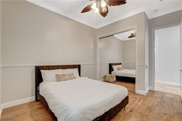 2172 De Rouge Ave, Henderson, NV 89044 - bedroom featuring light wood-type flooring, ornamental molding, a closet, and a ceiling fan