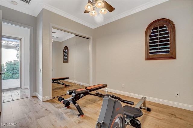 2172 De Rouge Ave, Henderson, NV 89044 - exercise room featuring wood finished floors, ornamental molding, and a ceiling fan