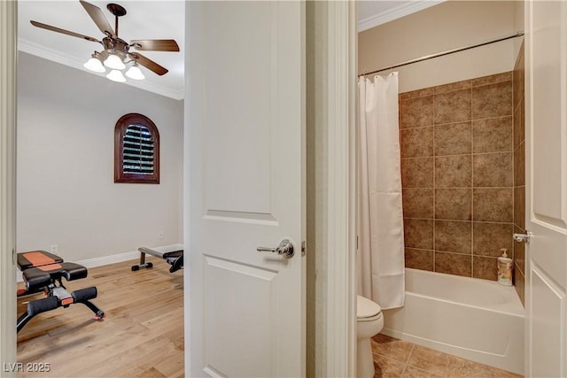 2172 De Rouge Ave, Henderson, NV 89044 - full bathroom with ornamental molding, a ceiling fan, shower / bathtub combination with curtain, and wood finished floors