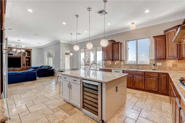 2172 De Rouge Ave, Henderson, NV 89044 - kitchen featuring beverage cooler, open floor plan, decorative backsplash, stone tile floors, and recessed lighting