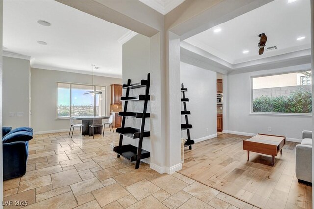 2172 De Rouge Ave, Henderson, NV 89044 - living area featuring ornamental molding, a ceiling fan, recessed lighting, and stone tile flooring