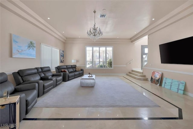 2209 Purple Majesty Ct, Las Vegas, NV 89117 - living room featuring a chandelier, inlaid floor details, tile patterned floors, and recessed lighting