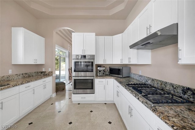 2209 Purple Majesty Ct, Las Vegas, NV 89117 - kitchen featuring appliances with stainless steel finishes, under cabinet range hood, a raised ceiling, white cabinetry, and stone counters