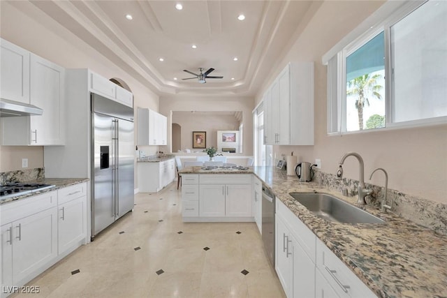 2209 Purple Majesty Ct, Las Vegas, NV 89117 - kitchen featuring appliances with stainless steel finishes, a ceiling fan, a tray ceiling, a peninsula, and white cabinets