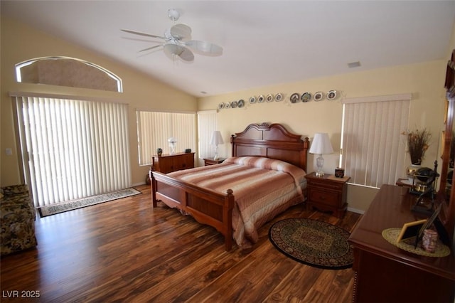 1700 Double Arrow Pl, Las Vegas, NV 89128 - bedroom featuring wood finished floors, vaulted ceiling, a ceiling fan, and access to exterior