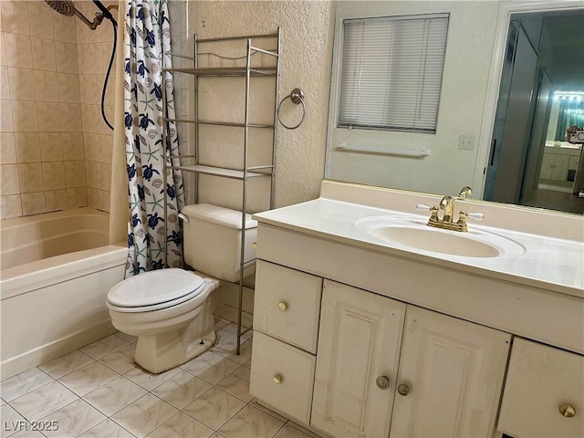 1409 Santa Margarita St Unit B, Las Vegas, NV 89146 - bathroom with a textured wall, shower / bathtub combination with curtain, and vanity
