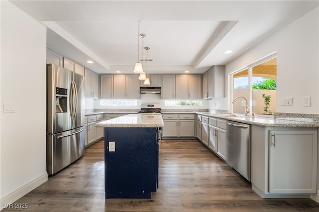 1403 Graystone Canyon Ave, Las Vegas, NV 89183 - kitchen with appliances with stainless steel finishes, a center island, under cabinet range hood, a raised ceiling, and recessed lighting