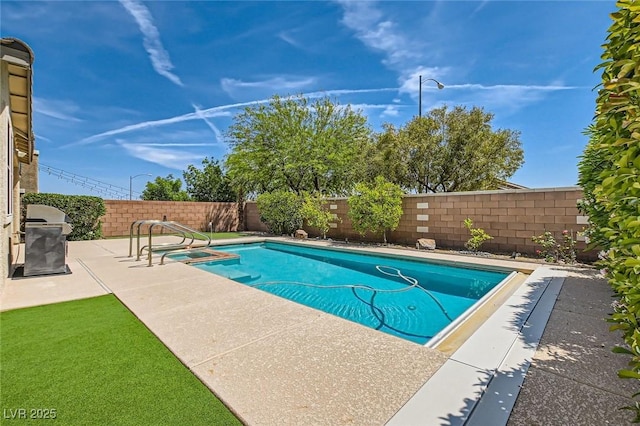 3605 Sapphire Sea Ct, North Las Vegas, NV 89031 - view of pool featuring a fenced backyard, a grill, a patio, and a pool with connected hot tub