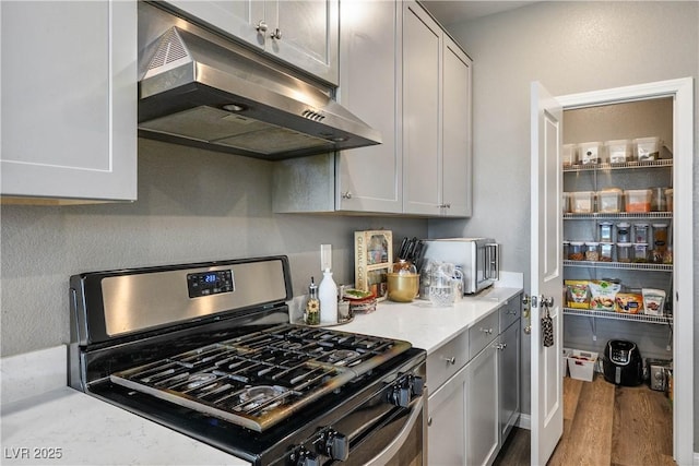 2577 Tolmezzo St, Henderson, NV 89044 - kitchen with stainless steel gas range, under cabinet range hood, light countertops, and wood finished floors