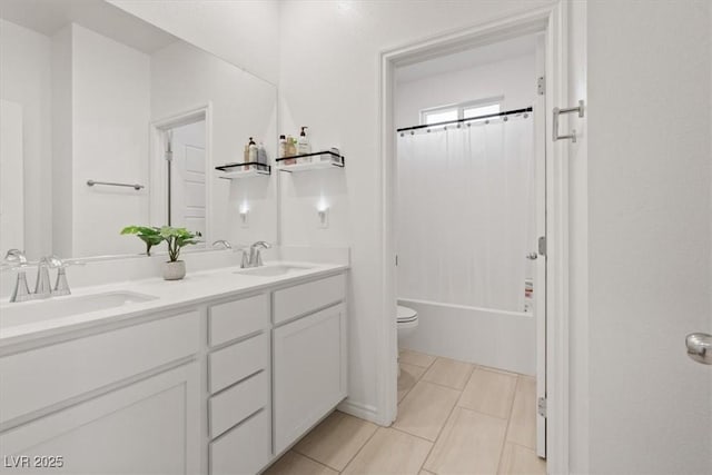 9221 Alden Pointe Ct, Las Vegas, NV 89143 - bathroom featuring double vanity, shower / tub combo, and tile patterned flooring
