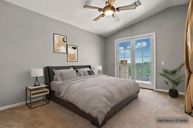 9105 Picket Fence Ave, Las Vegas, NV 89143 - carpeted bedroom with access to outside, lofted ceiling, and ceiling fan
