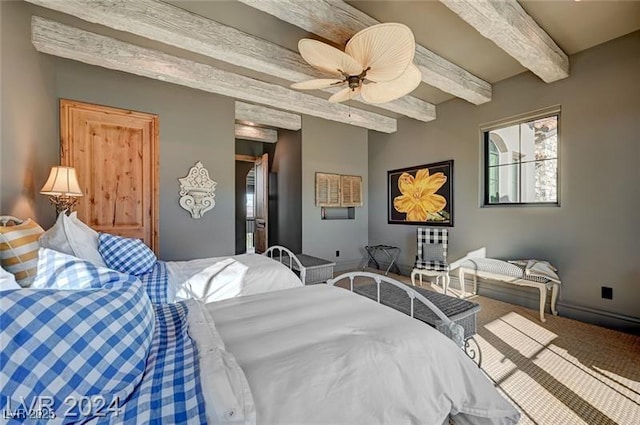 30 Via Tiberius Way, Henderson, NV 89011 - carpeted bedroom with beam ceiling and a ceiling fan