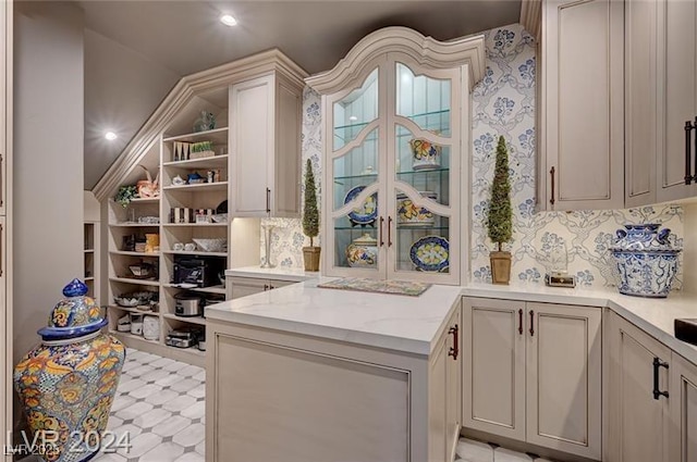 30 Via Tiberius Way, Henderson, NV 89011 - kitchen featuring open shelves, a peninsula, light stone countertops, and recessed lighting