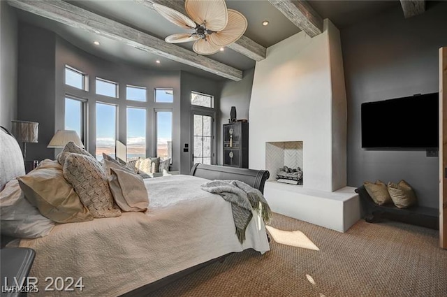 30 Via Tiberius Way, Henderson, NV 89011 - carpeted bedroom featuring beam ceiling, a ceiling fan, and recessed lighting