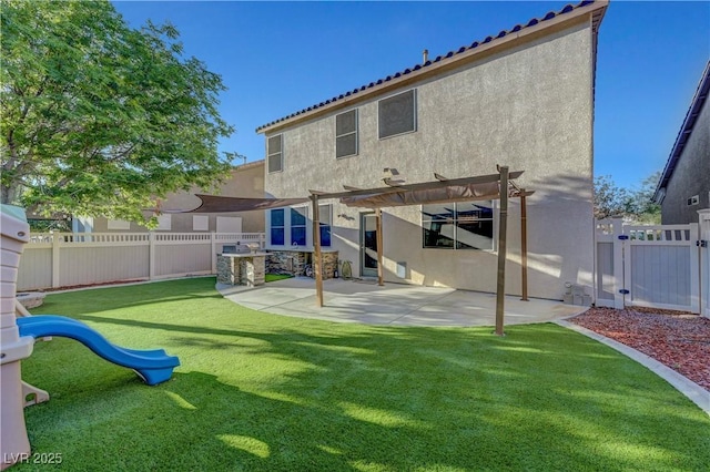 1069 Aspen Cliff Dr, Henderson, NV 89011 - rear view of property with stucco siding, a tile roof, a pergola, a patio, and a playground