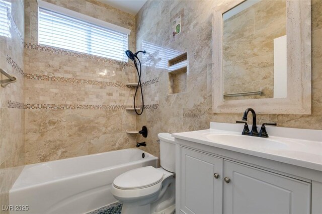 10513 Shanna Trellis Ave, Las Vegas, NV 89144 - bathroom featuring vanity, shower / bath combination, and tile walls