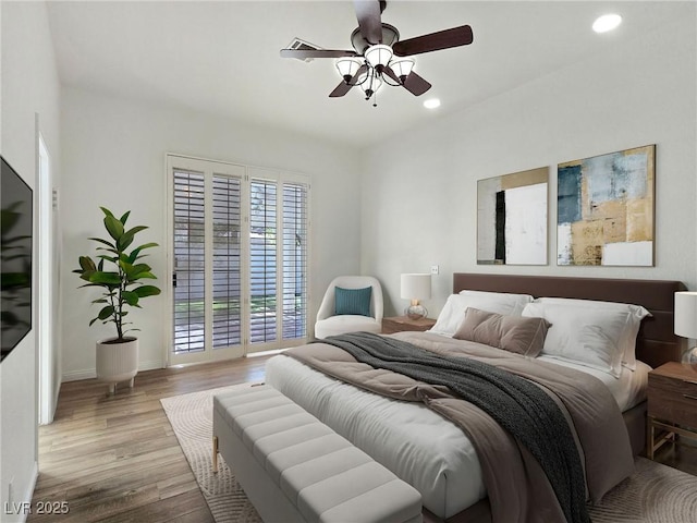 8981 Rivers Edge Dr, Las Vegas, NV 89117 - bedroom with light wood-style flooring, recessed lighting, a ceiling fan, and access to exterior