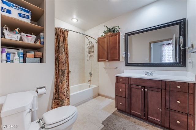 704 N Wallace Dr, Las Vegas, NV 89107 - bathroom with shower / tub combo with curtain, vanity, tile patterned floors, and vaulted ceiling