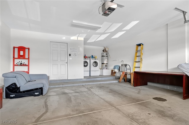 2175 Limestone Cove Ct, Laughlin, NV 89029 - garage featuring washing machine and dryer, secured water heater, and a garage door opener