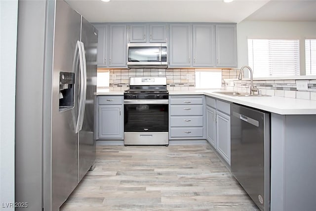 5233 Camino Del Rancho, Las Vegas, NV 89130 - kitchen with stainless steel appliances, gray cabinets, light wood-style flooring, decorative backsplash, and recessed lighting