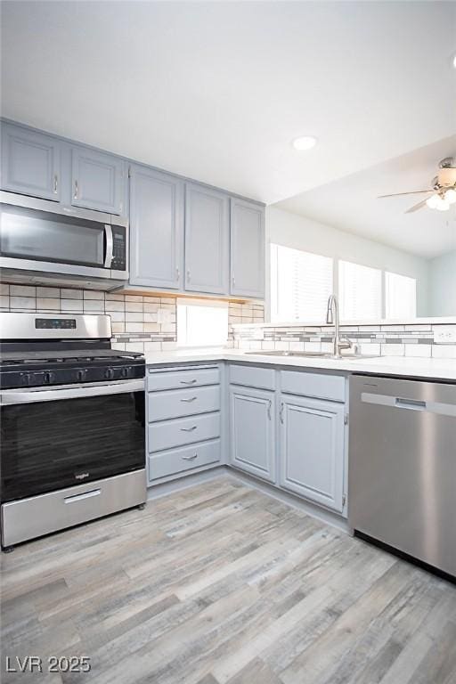 5233 Camino Del Rancho, Las Vegas, NV 89130 - kitchen with appliances with stainless steel finishes, gray cabinetry, decorative backsplash, and recessed lighting