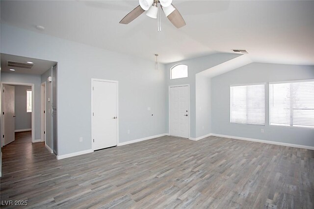 5233 Camino Del Rancho, Las Vegas, NV 89130 - unfurnished living room featuring a ceiling fan, wood finished floors, and vaulted ceiling