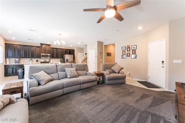 2861 Sunflower Days Ave Unit 1144, North Las Vegas, NV 89031 - living area featuring a chandelier, a ceiling fan, light tile patterned flooring, recessed lighting, and light carpet
