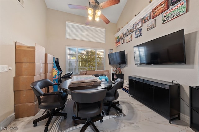 2637 Ohio Ct, Las Vegas, NV 89128 - office featuring a ceiling fan, light marble finish floors, and a towering ceiling