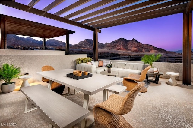 650 Agate Bridge St, Las Vegas, NV 89138 - view of patio / terrace with a mountain view, an outdoor living space, and a pergola
