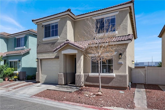 5200 Paradise Skies Ave, Las Vegas, NV 89156 - traditional-style home with stucco siding, a tiled roof, a garage, and a gate