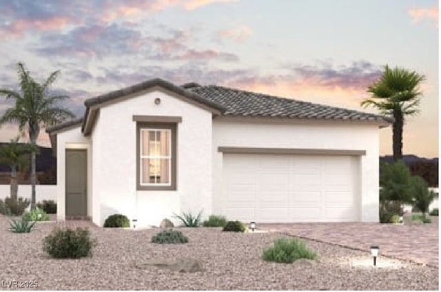 8417 Vanhoy Creek St, Las Vegas, NV 89166 - mediterranean / spanish house featuring a garage, driveway, stucco siding, and a tiled roof
