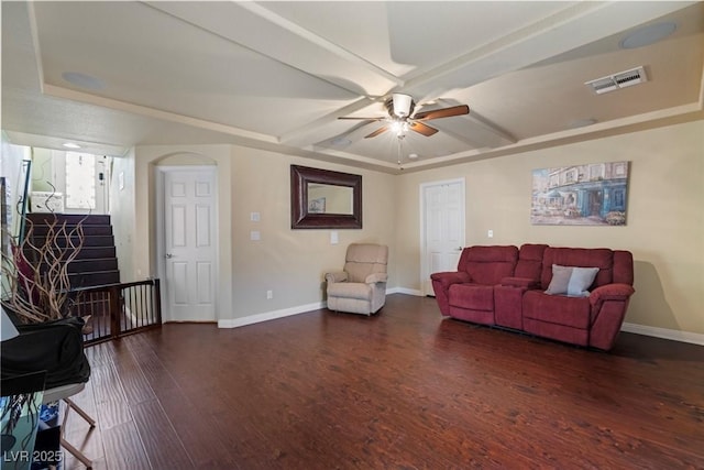 6705 Philharmonic Ave, Las Vegas, NV 89139 - living room featuring wood finished floors, a ceiling fan, coffered ceiling, beamed ceiling, and stairway