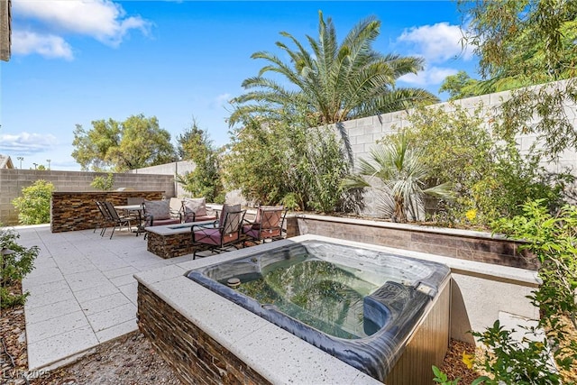 3257 Rushing Waters Pl, Las Vegas, NV 89135 - view of swimming pool featuring a hot tub, a patio, a fenced backyard, and a fire pit