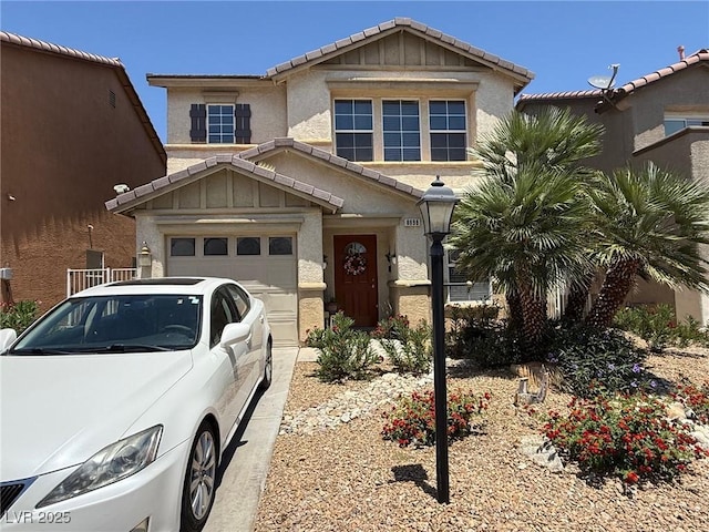 8898 Promised Land Ave, Las Vegas, NV 89148 - view of front of house featuring stucco siding, a tiled roof, a garage, and driveway