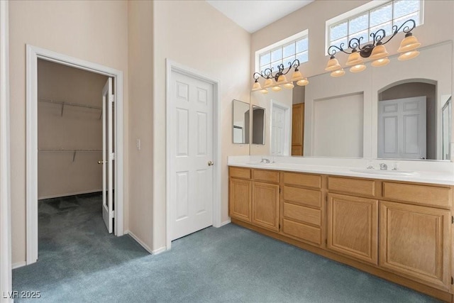 745 Diamond Bend Ave, Las Vegas, NV 89123 - bathroom featuring carpet flooring, double vanity, and a high ceiling