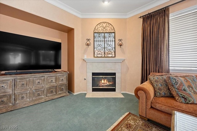 745 Diamond Bend Ave, Las Vegas, NV 89123 - living room featuring carpet, ornamental molding, and a tiled fireplace