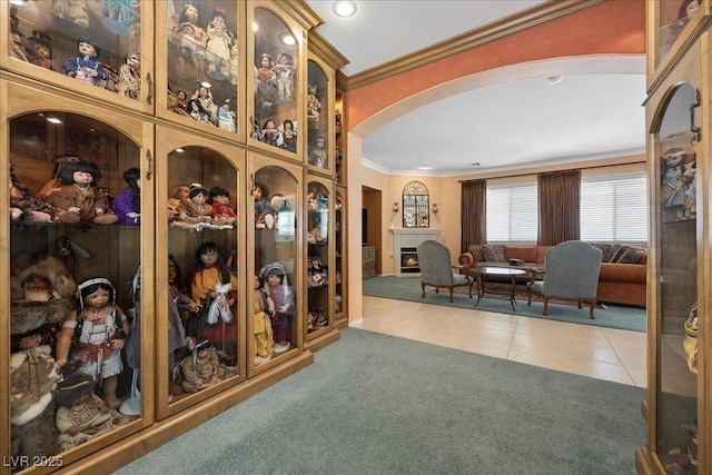 745 Diamond Bend Ave, Las Vegas, NV 89123 - wine room with arched walkways, ornamental molding, carpet floors, and tile patterned flooring