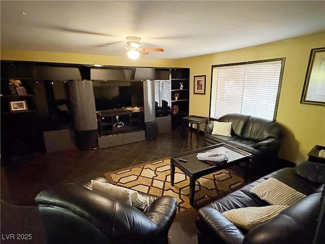 3167 El Cedro Cir, Las Vegas, NV 89121 - living room featuring a ceiling fan and built in shelves