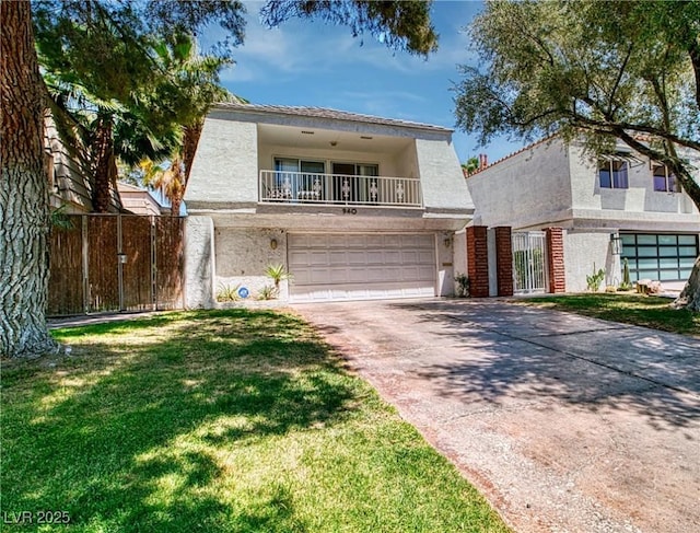 940 Vegas Valley Dr, Las Vegas, NV 89109 - view of front facade with a balcony, stucco siding, a garage, and driveway