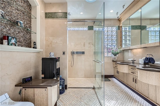 1897 Holdenville St, Henderson, NV 89052 - bathroom with a stall shower, vanity, tile patterned floors, and recessed lighting