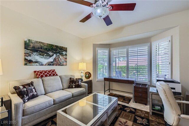1897 Holdenville St, Henderson, NV 89052 - living room with a ceiling fan and an office area