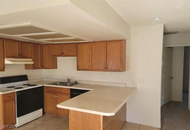 4300 N Lamont St Unit 232, Las Vegas, NV 89115 - kitchen featuring white range with electric stovetop, under cabinet range hood, a peninsula, and brown cabinets